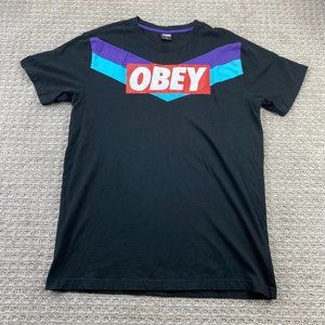 Obey Shirt Men Extra Large XL Black Spell Out Logo T-Shirt Retro - DEFECT HOLE